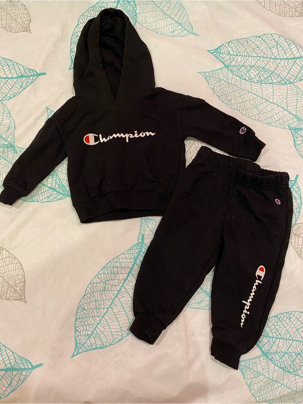 Champion Kids Black Hoodie and Joggers Set with White & Red Logo